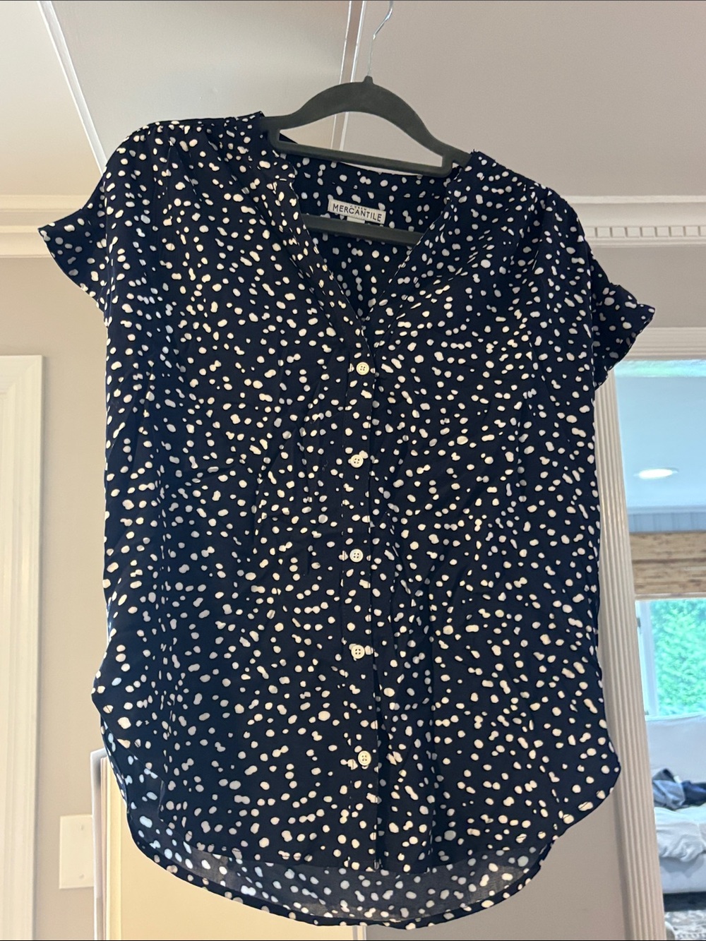 J. Crew Mercantile Navy and White Dot Button-Front Short Sleeve Shirt XXS